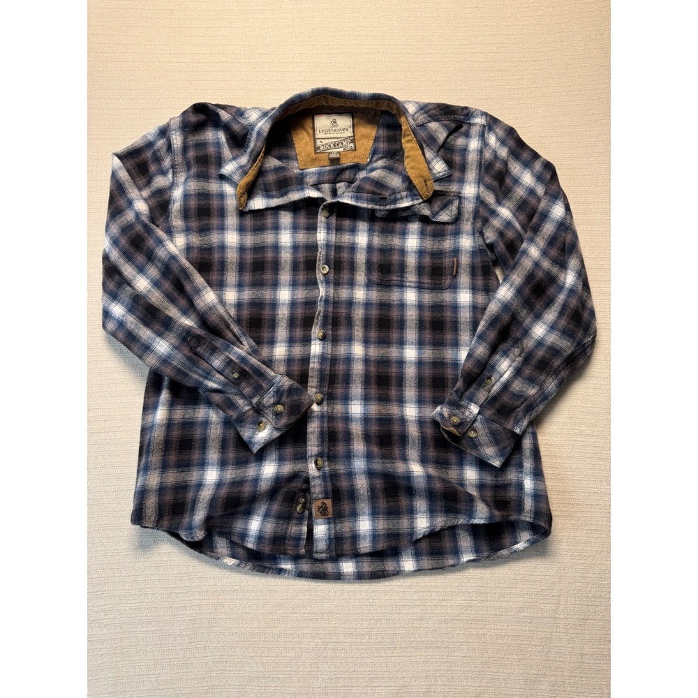 Legendary Whitetails Buck Camp Flannel Shirt Mens Large Blue Brown Plaid 6464